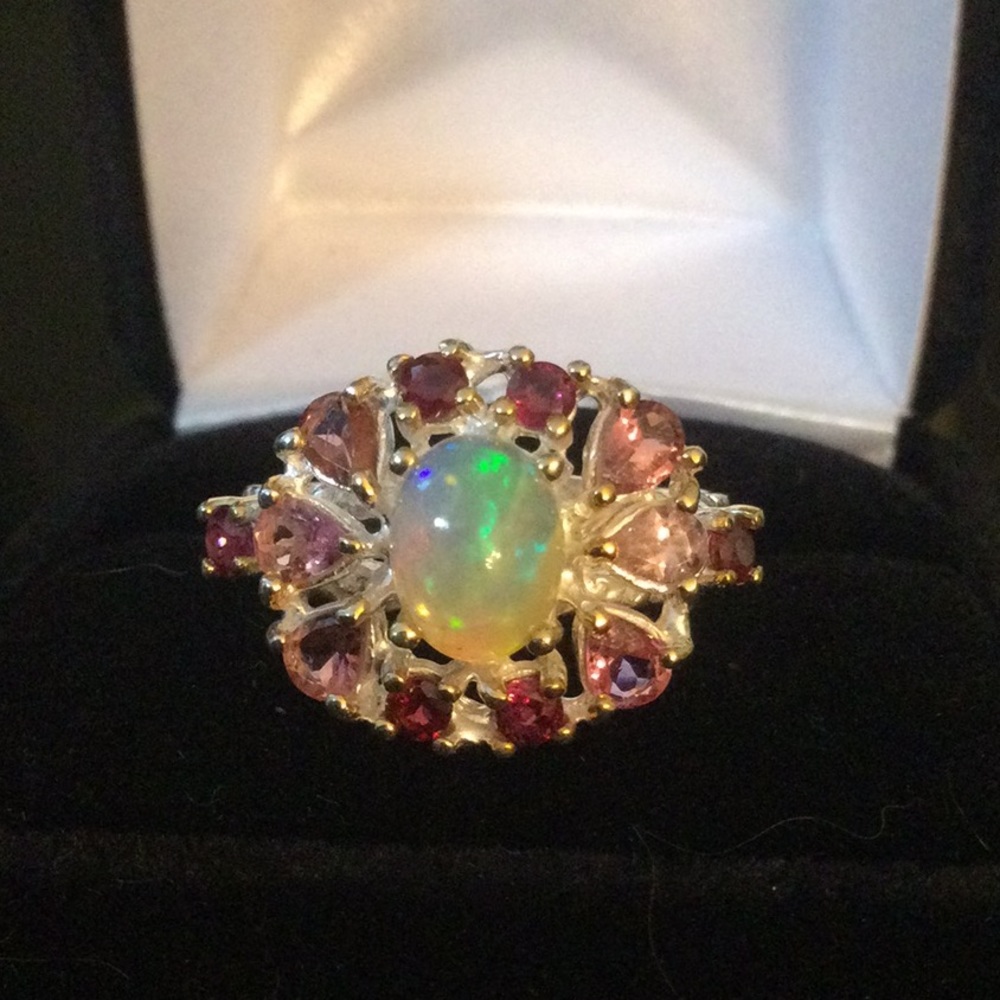 Genuine , Natural Fiery Opal & Pink Tourmalines Ring - Picture 1 of 14
